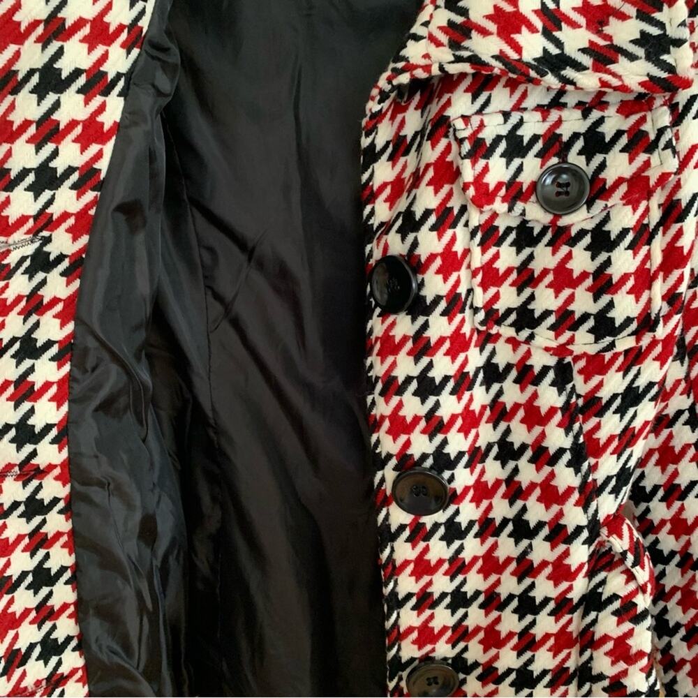 Last Kiss Vintage 90's Red Black Houndstooth Double Breasted Pea Coat Large - Picture 6 of 9